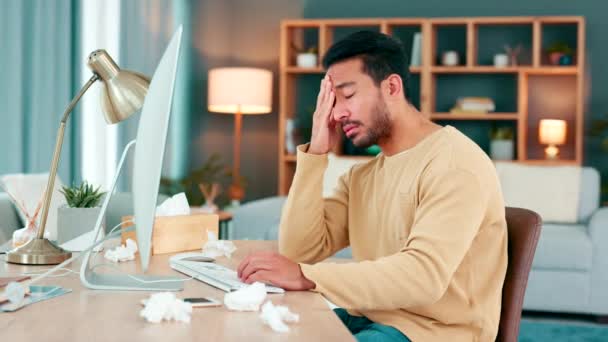Tired Man Suffering Covid Fatigue Trying Meet Work Deadline Sick — Video Stock