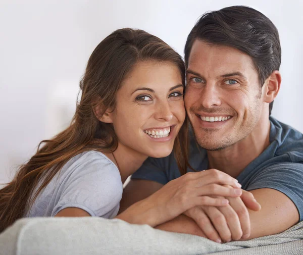 Making Time Each Other Portrait Loving Young Couple Relaxing Home — Stock Photo, Image