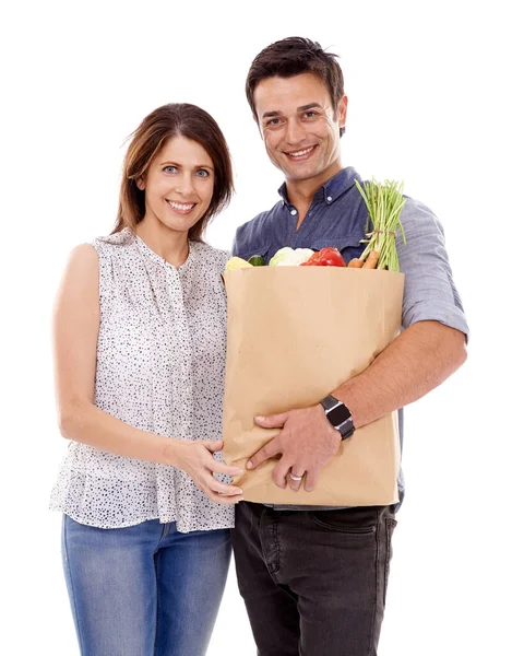 Sağlıklı Bir Ilişki Için Sağlıklı Beslenme Beyazlara Izole Edilmiş Alışveriş — Stok fotoğraf