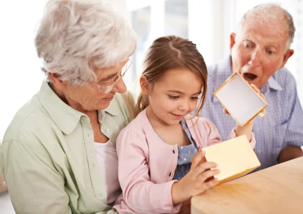Nagyszülők Elkényeztetik Unokákat Egy Idős Pár Akik Ajándékot Adnak Unokájuknak — Stock Fotó