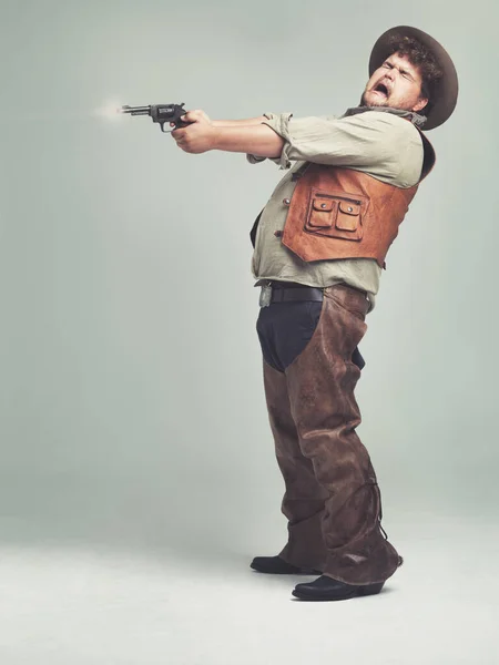 Tough Make Onions Weep Hapless Overweight Cowboy Shooting His Pistol — Stock Photo, Image