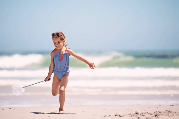 She Born Beach Little Girl Running Beach — Stock Photo, Image