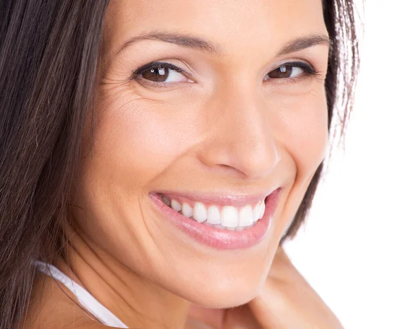 Gorgeous Brunette Closeup Studio Portrait Beautiful Woman Toothy Smile — Stock Photo, Image