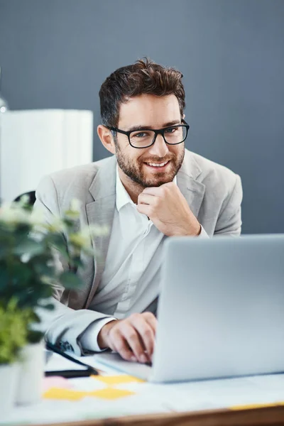 Making Productive Day Portrait Young Businessman Working Laptop Office — Stockfoto