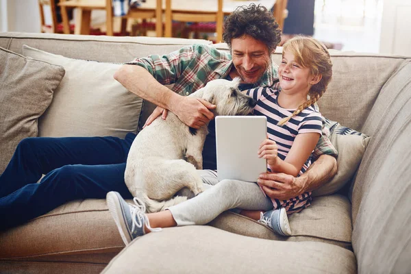 Even Dog Wants Whats Happening Online Father His Little Daughter — Stock Photo, Image