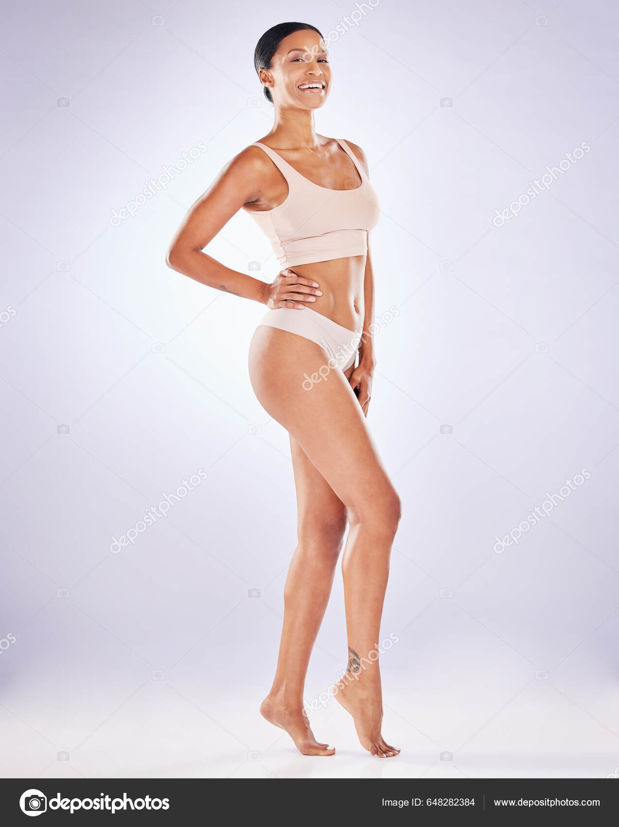 Portrait Underwear Skincare Model Woman Studio Gray Background