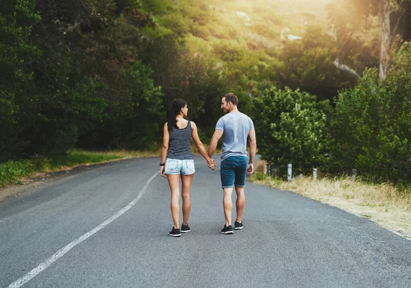 Taking Walk Lovers Lane Happy Young Couple Walking Road — Stock Photo, Image
