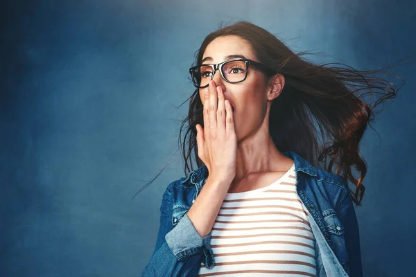 Now Thats Epic Studio Shot Young Woman Air Being Blown — Stock Photo, Image