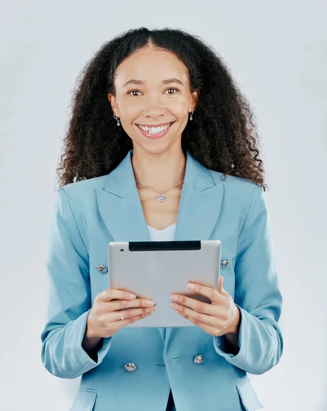 Biznes Kobieta Portret Uśmiech Tablet Projektowania Reklamy Lub Marketingu Białym — Zdjęcie stockowe