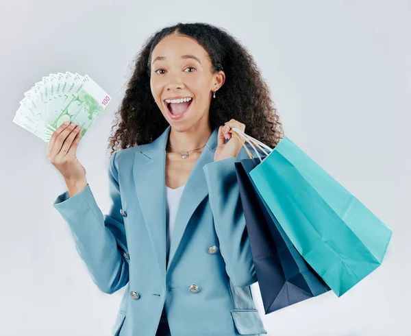 Mutlu Kadın Portre Alışveriş Torbaları Para Kazandıran Satış Indirimli Beyaz — Stok fotoğraf