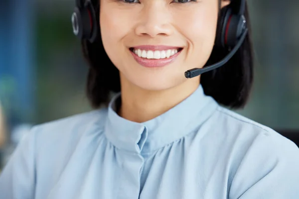 Asian Woman Call Center Employee Smile Face Communication Crm Headset — Stock Photo, Image