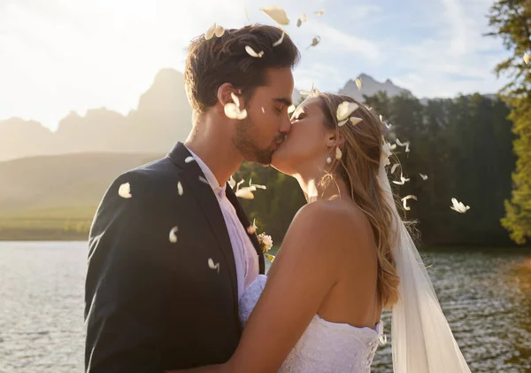 婚礼和意大利面 还有一对情侣在湖边亲吻 庆祝他们的浪漫婚姻 夏天或亲吻 新娘和新郎在仪式后按照传统结合在一起 — 图库照片