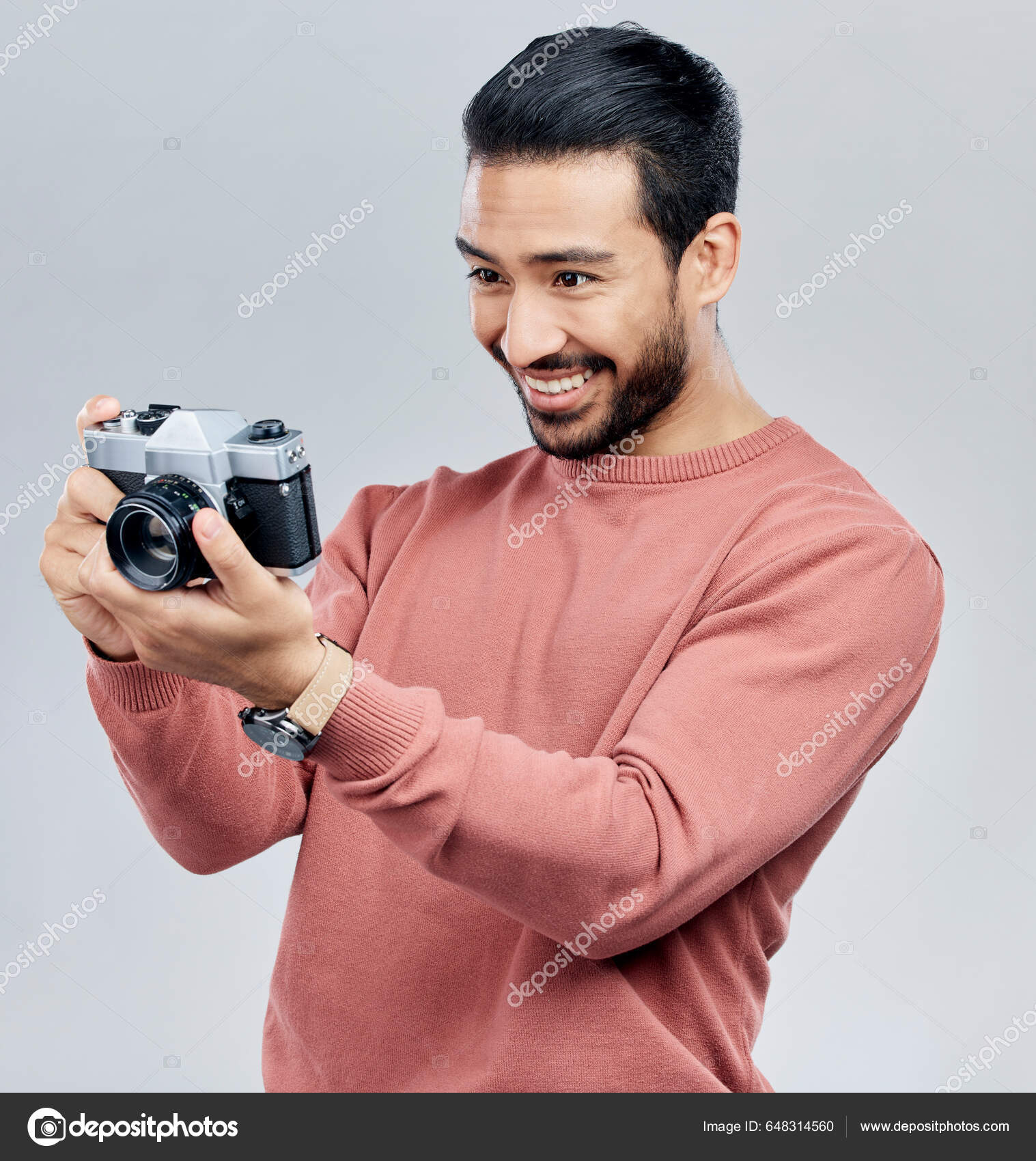 Camera Photography Happy Asian Man Studio Photoshoot Satisfaction