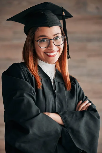 Graduation Cap Proud Portrait Woman Isolated Wood Background Happy Education — Stock Photo, Image