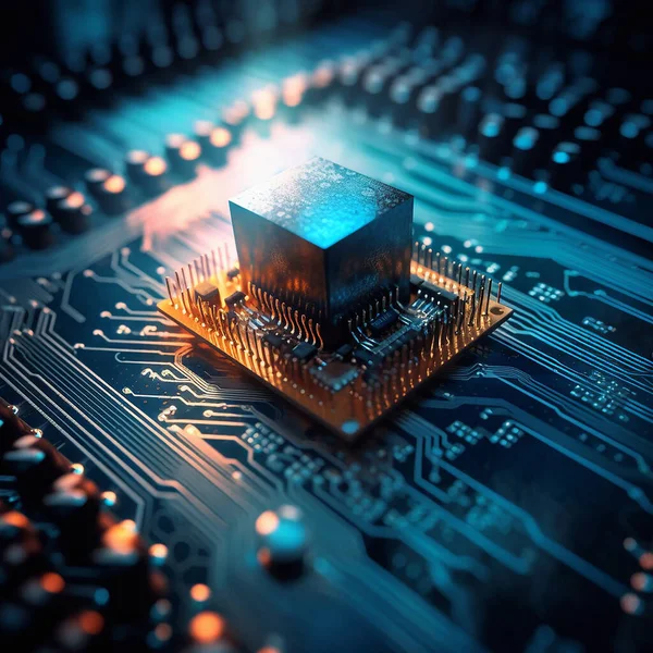 Computer hardware, CPU and circuit board with microchip, technology abstract and motherboard closeup. Cyber tech, cloud computing and processor, AI generated and digital drive with pc system.