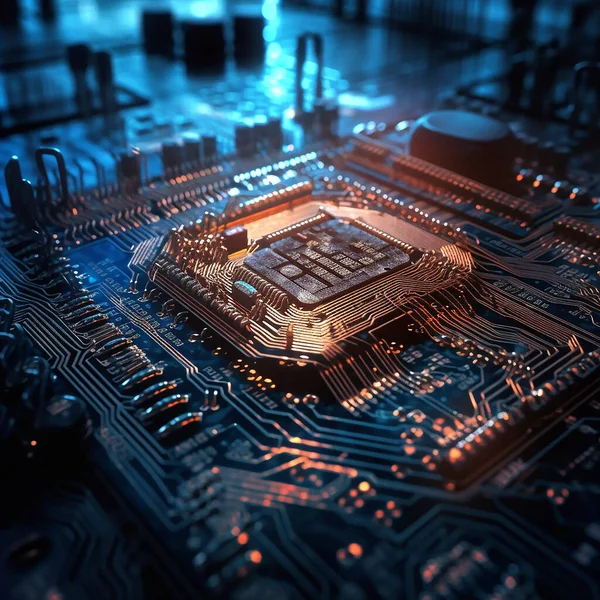 stock image Closeup, cpu and digital microchip in computer, hardware and information technology with coding. IT, data science and system with process, programming and cybersecurity innovation for mockup in night.