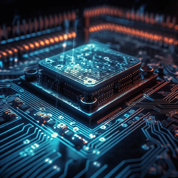 Computer hardware, CPU and circuit board with technology abstract, microchip and motherboard closeup. Cyber tech, cloud computing and processor, AI and digital drive with pc system and electronics.