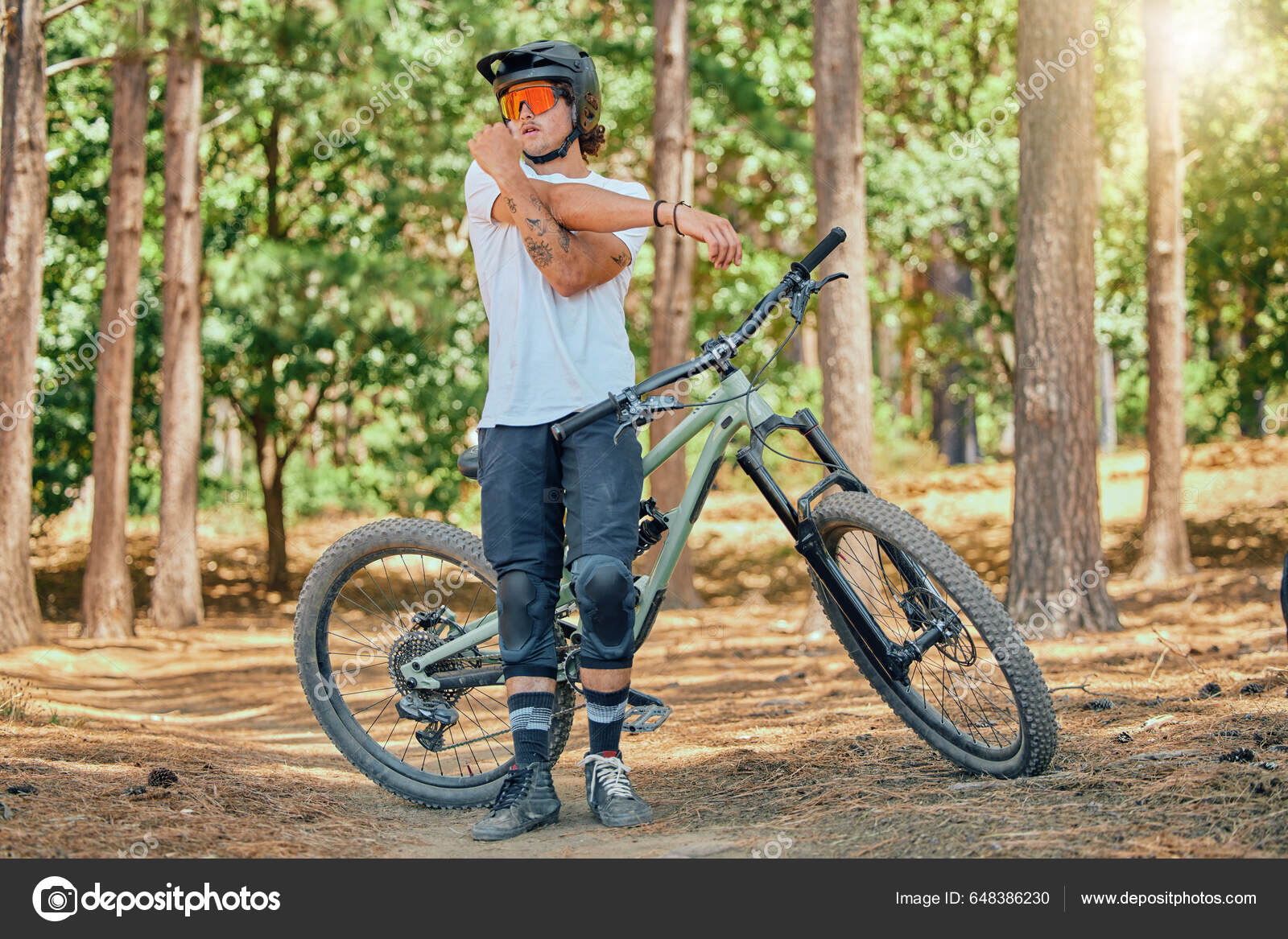 Mountain Bike Man Stretching Forest Outdoor Ready Cycling Extreme