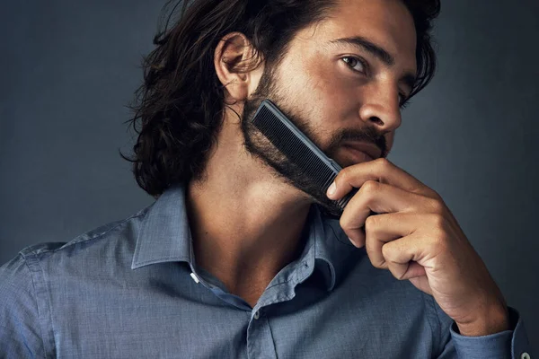Power Beards Undeniable Studio Shot Handsome Young Man Combing His — Stock Photo, Image