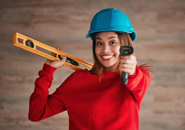 Construction Business Woman Portrait Property Management Worker Engineer Tools Safety — Stock Photo, Image