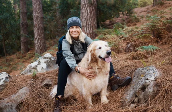 以及带着她的狗 宠物或动物在冬天的森林里徒步旅行 以进行锻炼 锻炼或健身 度假时在树林里远足 老年或老年女性远足 — 图库照片