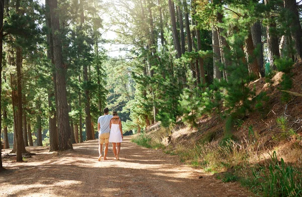 Zurück Liebe Und Natur Mit Einem Paar Wald Bei Einem — Stockfoto