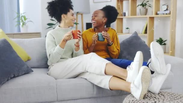 Happy Kávu Přátele Ženami Pohovce Obývacím Pokoji Pro Spojování Podporu — Stock video