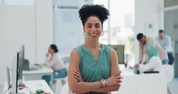 Schwarze Frau Lächeln Und Unternehmensporträt Für Geschäftlichen Erfolg Führungsmotivation Und — Stockvideo