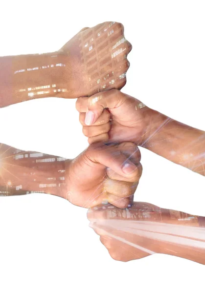 Sobreposição Mãos Colaboração Com Uma Equipe Isolada Fundo Branco Estúdio — Fotografia de Stock