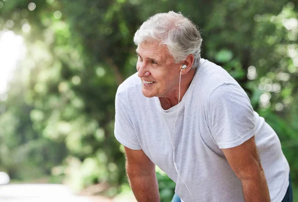 Senior Man Tired Outdoor Music Earphones Run Workout Training Road — Stock Photo, Image