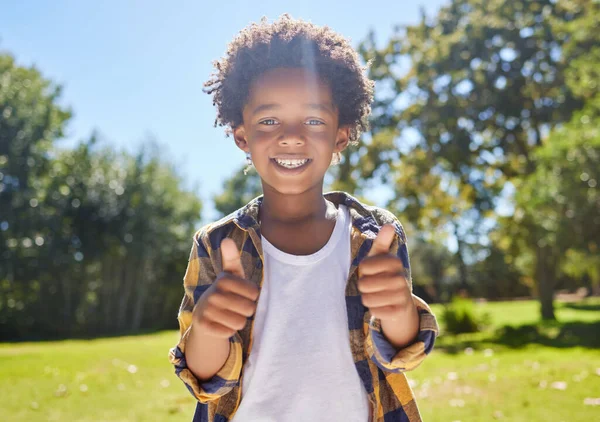 快乐的孩子 肖像画或在公园里竖起大拇指的男孩 以进行有趣的活动或在大自然或夏天玩耍 带着成功 快乐或成就在户外度假的兴奋的非洲小孩 — 图库照片