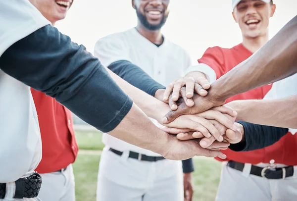 Dłonie Motywacja Baseballu Lub Mężczyźni Gromadzą Się Wsparciem Nadzieją Lub — Zdjęcie stockowe