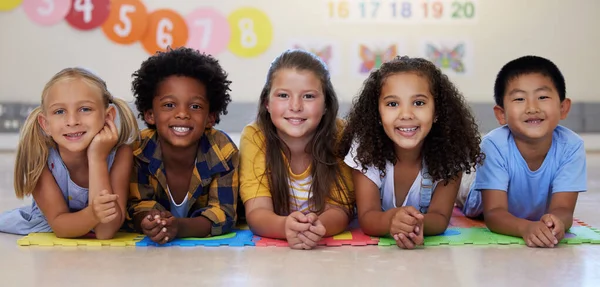 Education Portrait Happy Kids Classroom Learning Studying Preschool Together Support — Stock Photo, Image