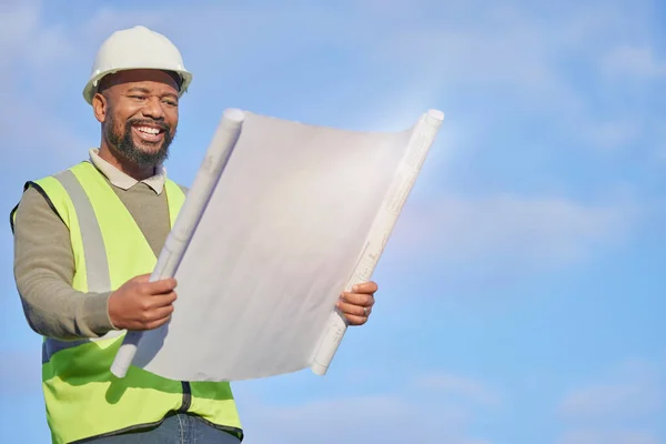 Mockup Hombre Negro Arquitecto Con Planos Aire Libre Construcción Para — Foto de Stock