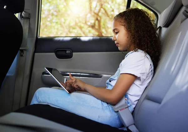 Criança Carro Tablet Viagem Carro Com Cinto Segurança Dispositivo Para — Fotografia de Stock