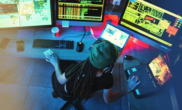 Coding hacker, woman programmer and computer work for cybersecurity, programming and big data. Hack above, dashboard and technology of a female working on futuristic, iot and software database.