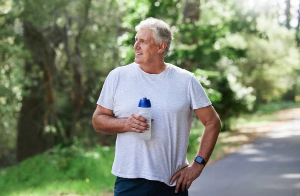Man Exercise Thinking Outdoor Water Bottle Run Workout Training Fitness — Stock Photo, Image