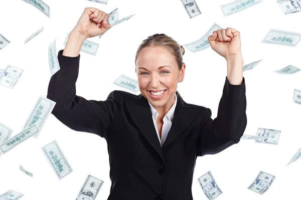 Ganando Retrato Recortado Una Mujer Negocios Animando Mientras Dinero Llueve —  Fotos de Stock