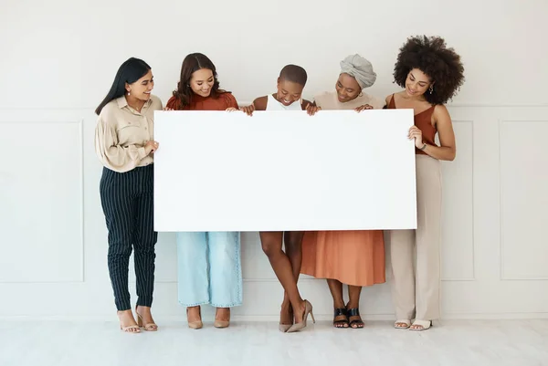 Women, diversity and poster with space for billboard, mockup or advertising on board. Strong and happy entrepreneur female group or team with banner, paper or blank sign for announcement or voice.