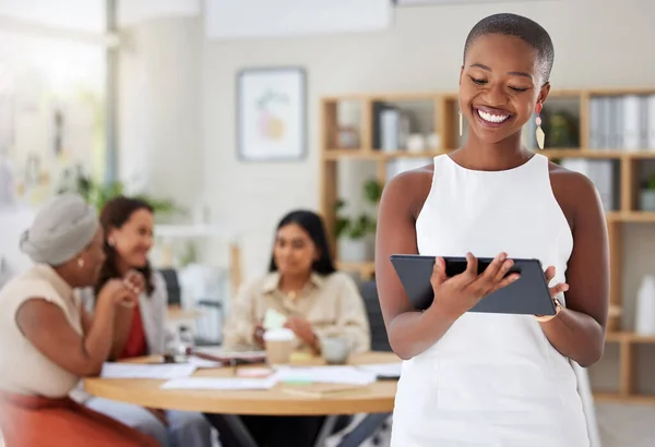 Black woman, business and tablet, leadership and technology, presentation and speaker with team leader. Happy female, check digital device in meeting with professional mindset and internet search.