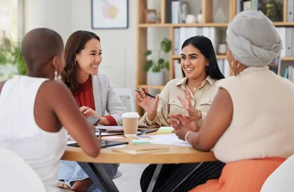 Business women, meeting and discussion in office, brainstorming or planning. Cooperation, teamwork and collaboration for group happiness of employees, staff or people talking or speaking with leader