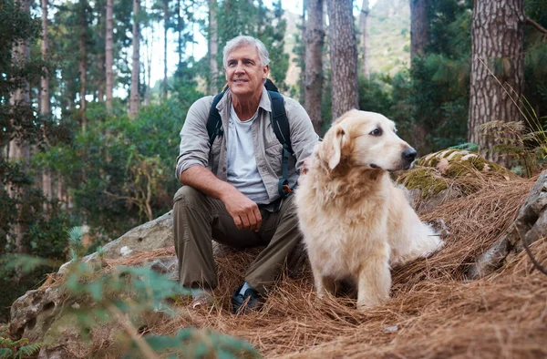 探险和与她的狗 宠物或动物一起在冬季森林里徒步旅行 以进行锻炼 锻炼或健身 度假时带着小狗远足 老年或老年男性徒步旅行 — 图库照片