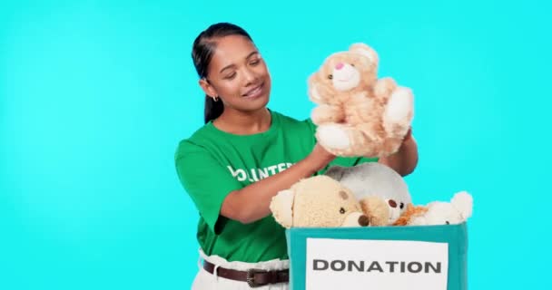 Toy Donation Woman Volunteer Face Studio Community Service Worker Happiness — Stock Video
