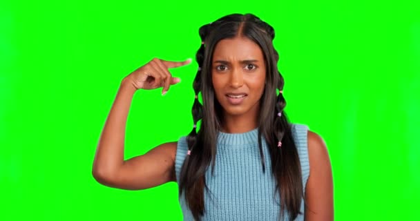 Bláznivá Zmatená Tvář Ženy Zelené Obrazovce Izolované Pozadí Studia Divné — Stock video