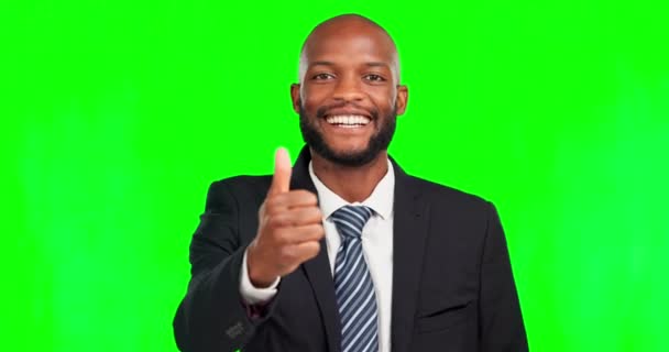 Pulgares Negocios Hacia Arriba Cara Pantalla Verde Hombre Feliz Con — Vídeos de Stock