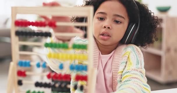 Education Elearning Girl Headphones Abacus Counting Math School Distance Learning — Stock Video