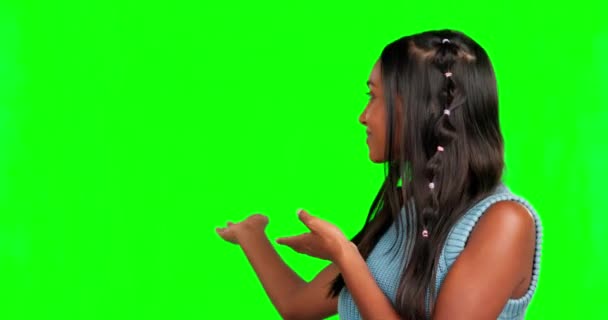 Cara Pantalla Verde Gesto Feliz Mujer Promoción Comercial Espacio Copia — Vídeos de Stock