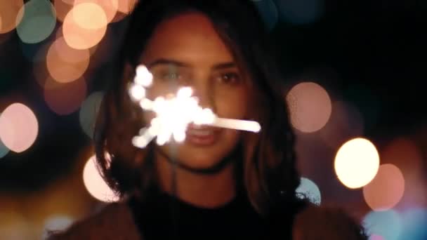 Woman Face Night Sparkler Bokeh Lights Effect Celebration New Years — Stock Video
