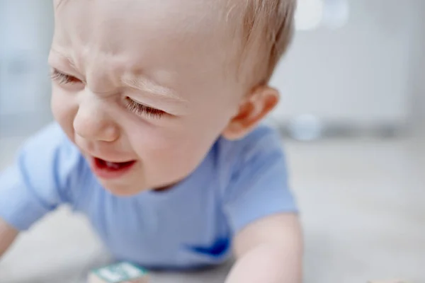 Playtime Closeup Crying Baby Boy Lying Floor — Stock Photo, Image