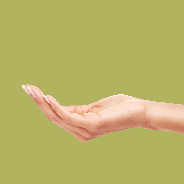 Mulher Mãos Palma Maquete Para Colocação Produtos Publicidade Marketing Contra — Fotografia de Stock